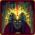 Pixelated character with glowing yellow crown and red vertical lines on head, dark purple clothing, green background with red accents.
