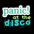 Two side-by-side pixelated text designs on black background: 'panic! at the disco' in teal and cyan with a white heart above right design.