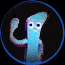 A 4x3 contact sheet of a blue cartoon character with large eyes and a waving arm, displayed in circular frames against a black background.