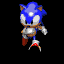 Blue anthropomorphic hedgehog with white gloves and red shoes in multiple running poses against black background.