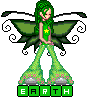 Pixelated green fairy avatar with long hair, star emblem, and 'EARTH' text below, standing on silver orbs with swirling black accents.