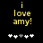 Yellow pixelated text 'i love amy!' on black background with five white and gray heart icons below.