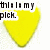 Yellow guitar pick with text above it; top-left text reads "this is my pick." and top-right text reads "can I borrow your guitar?".