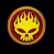 Six circular icons display a yellow skull with red eyes and flame-like hair, arranged in two of three on black background; bottom-right icon shows text "THE OFF SPRING" in red pixelated font