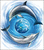 Pixelated circular icon shows two dolphins swimming in a blue water swirl, one above the other with curved bodies and dark gray fins.