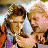 Pixelated static image of two cartoon characters in close proximity with warm color tones and visible dithering effects.