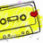 Yellow rectangular icon with black outline and red heart, adjacent to red background with white text reading "music on. world off.".
