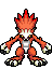Pixelated orange creature with red spiky hair, white chest stripe, and yellow eyes in six distinct poses against gray background.