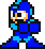 Four pixel art depictions of a blue armored character with white face mask and orange accents, arranged in a on gray background