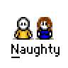 Animated contact sheet of 22 pixel art frames showing two stick figures in yellow and blue outfits with brown hair, each frame labeled "Naughty" below the pair.