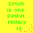 Green pixelated text on yellow background with red dot animations, displaying 'SiMoN is one PiMPiN MUNKY =]' in two identical vertical