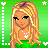 Animated contact sheet of a blonde cartoon character in green dress with white pants, showing facial expressions and text variations on a green background with heart patterns.