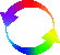 A 4x3 contact sheet of 12 animated rainbow-colored circular arrow icons on a gray background, each frame showing a different segment of the color spectrum in motion.