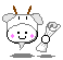 Pixelated character with brown antlers, pink cheeks, and a white body holding a rolled scroll; four variations show different hand positions.
