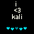 Pixelated icon with white text 'i', '<3', and 'kali' on black background, blue star-like symbols at bottom.
