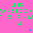 A static image with a bright pink background displaying repeated green text and scattered blue pixelated symbols.