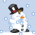 Animated snowman icon with top hat and carrot nose in pixel art style, showing sequential movement frames on light blue background with falling snow.