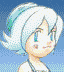 Pixelated character with light blue hair and blue eyes in four background variations: blue, green, orange-yellow gradient, and solid orange.