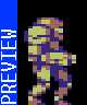 Pixelated character in green and brown camouflage with purple accents stands against black background, blue vertical bar on left displays 'PREVIEW' text.