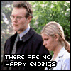 Six- of stills from a TV show with overlaid text reading "THERE ARE NO HAPPY ENDINGS BECAUSE NOTHING ends"