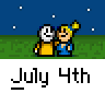 Animated contact sheet of a July 4th-themed buddy icon showing two stick figures watching fireworks with text "July 4th" below each frame.
