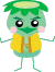 Pixelated green character with large black eyes, pink cheeks, and a yellow vest over light blue body stands against gray background.