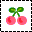 Pixelated icon of two pink cherries with green stems and leaves, framed by a black-and-white dashed border on white background.