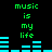 Green text "music is my life" appears above cyan audio equalizer bars on a black background, with the equalizer bars changing across frames.