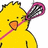 Yellow chick with orange beak holds pink lacrosse stick across face, eyes closed in one frame and open in another.