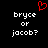 A black background displays two identical pixelated text with 'bryce or jacob?' in white, each topped by a red heart symbol