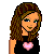 Pixelated avatar of a woman with brown hair and blue eyes wearing a black top with a pink heart, next to a pink heart-shaped graphic with 'Be Mine' text.