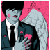 Pixelated image of two figures in formal attire against a pink and black background with scattered pink heart shapes.