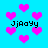 Pixelated pink hearts float on a bright cyan background with black text reading "Jjaayy" in four locations.