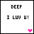 Two side-by-side animated frames of a pixel art buddy icon showing text and heart symbols with color variation between frames.