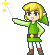 Pixel art character in green tunic and brown boots holding a wand with yellow sparkles, shown across three sequential poses.