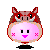 Pixel art character with red-brown owl-like head, pink oval body, and black feet; four expressions show mouth variations from closed to winking.