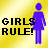 Yellow gradient background with bold black text 'GIRLS RULE!' and a blue pixelated figure standing to the right.