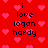 Red background with pink heart patterns and dark blue text reading "i love logan hardy" in two vertical