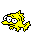 Yellow pixelated creature with large eyes and open mouth, shown in four sequential poses against gray background.