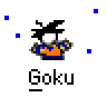 A 4x4 contact sheet of a pixel-art animated icon featuring the character Goku from Dragon Ball, showing sequential frames with varying blue particle effects and star shapes around him against a gray background.