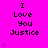 Bright pink background with repeated text "I Love You Justice" and small purple hearts in vertical