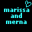 Cyan pixelated text 'marissa and merna' on black background with cyan heart symbol above text, two identical versions side-by-side.