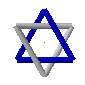Animated sequence of a blue and white interlocking star shape rotating through multiple angles against a gray background.