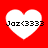 Four white heart shapes on a red background, each containing black text reading "Joz<3333" with pixelated edges.