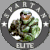 Circular icon with dark gray border containing pixelated figure in green camouflage uniform holding rifle, white inner circle background, 'ELITE' text at bottom.
