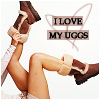 A static image shows a person's legs in brown UGG boots with beige fur trim, one leg raised holding the boot, against a white background with text reading "I LOVE MY UGGS".