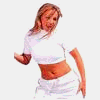 A woman in a white crop top and white pants appears in two sequential poses against a plain background.