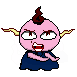 Pixelated pink character with brown mohawk, yellow horns, and blue outfit in three distinct poses showing facial expressions and body positions.
