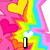 Pixelated rainbow starburst background with pink, yellow, and blue hearts; text "I love you" in black outline font appears sequentially.
