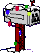 Two pixelated mailbox icons side-by-side with snow on top, red posts, and colored lights; left icon has blue light on post, right has yellow.